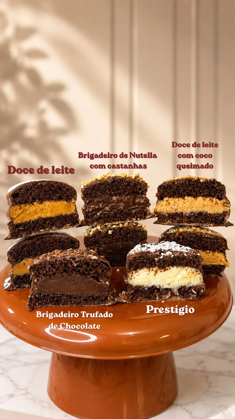 Seleção de brigadeiros artesanais Brown & Mel: doce de leite, brigadeiro de Nutella com castanhas, doce de leite com coco queimado, brigadeiro trufado de chocolate e prestígio